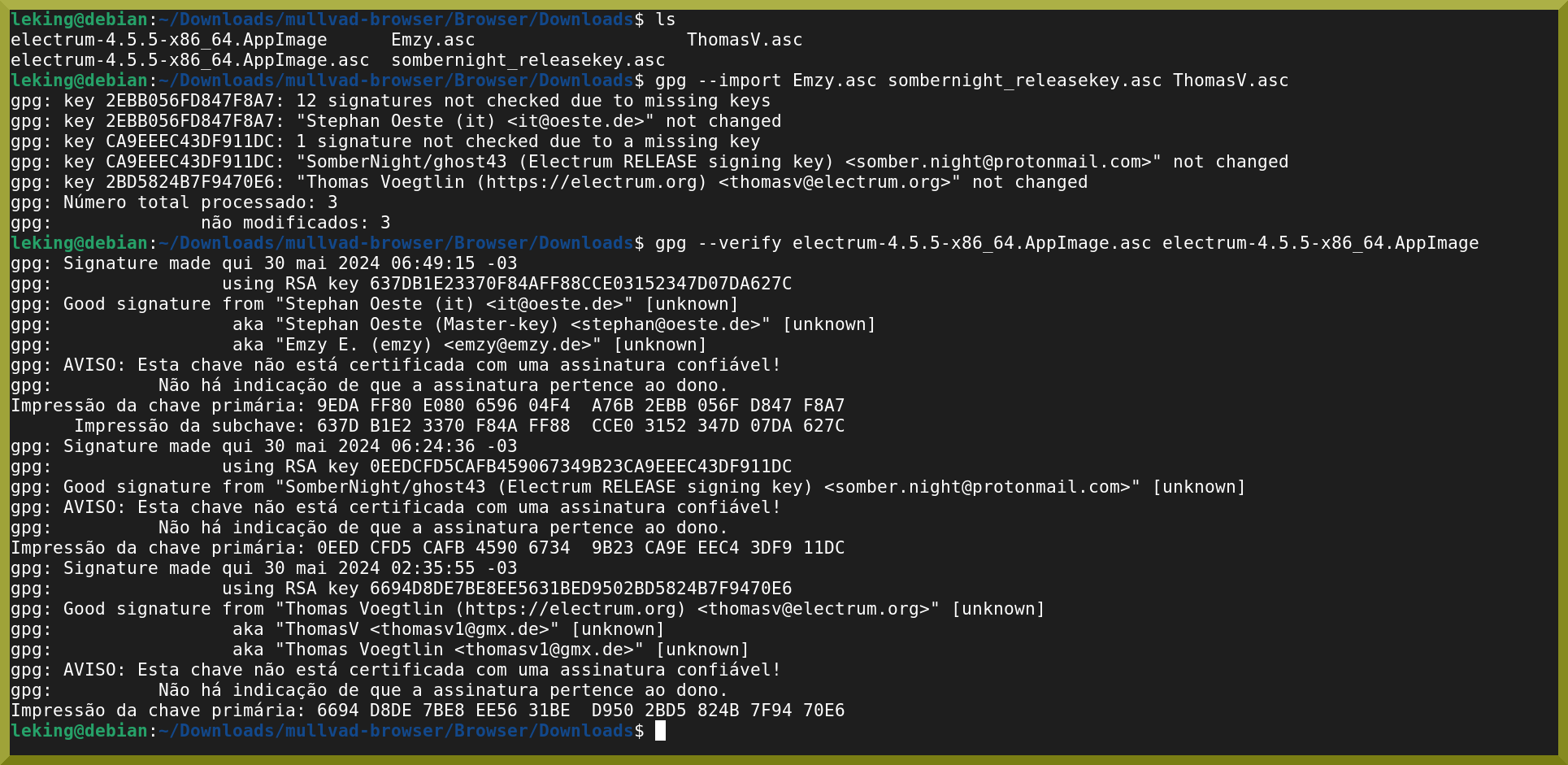 Verificando assinatura Electrum Tails e Linux pelo terminal
